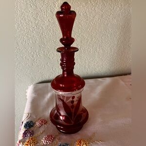 Vintage Ruby Red Decanter with Stopper Bohemian Style Glass Floral Etched Design